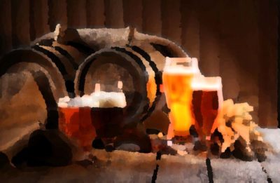 Beer barrel with beer glasses on table